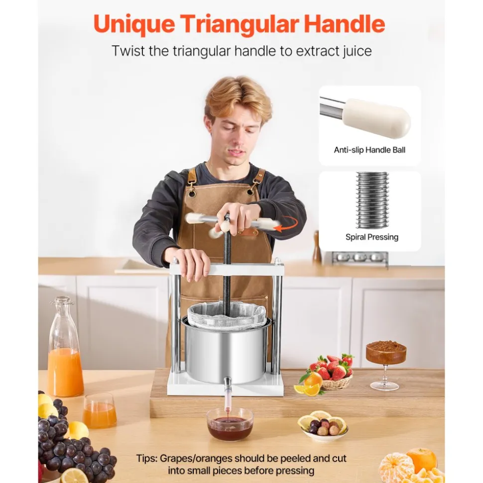VEVOR 1.45 Gal/5L Fruit Wine Press, 2 Stainless Steel Barrels, Manual Juice Maker, Cider Apple Grape Tincture Honey Olive Oil Making Press with Triangular Handle for Outdoor Kitchen Home