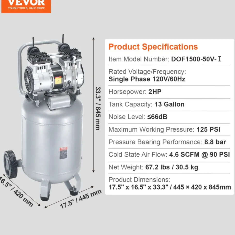 VEVOR 13 Gallon Air Compressor, 2HP 4.6 SCFM@90PSI Oil Free Air Compressor Tank, 66dB Ultra-Quiet Compressor for Tire Inflation, Auto Repair, Woodwork Nailing, Spray Painting (125PSI Max Pressure)