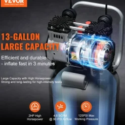 VEVOR 13 Gallon Air Compressor, 2HP 4.6 SCFM@90PSI Oil Free Air Compressor Tank, 66dB Ultra-Quiet Compressor for Tire Inflation, Auto Repair, Woodwork Nailing, Spray Painting (125PSI Max Pressure)