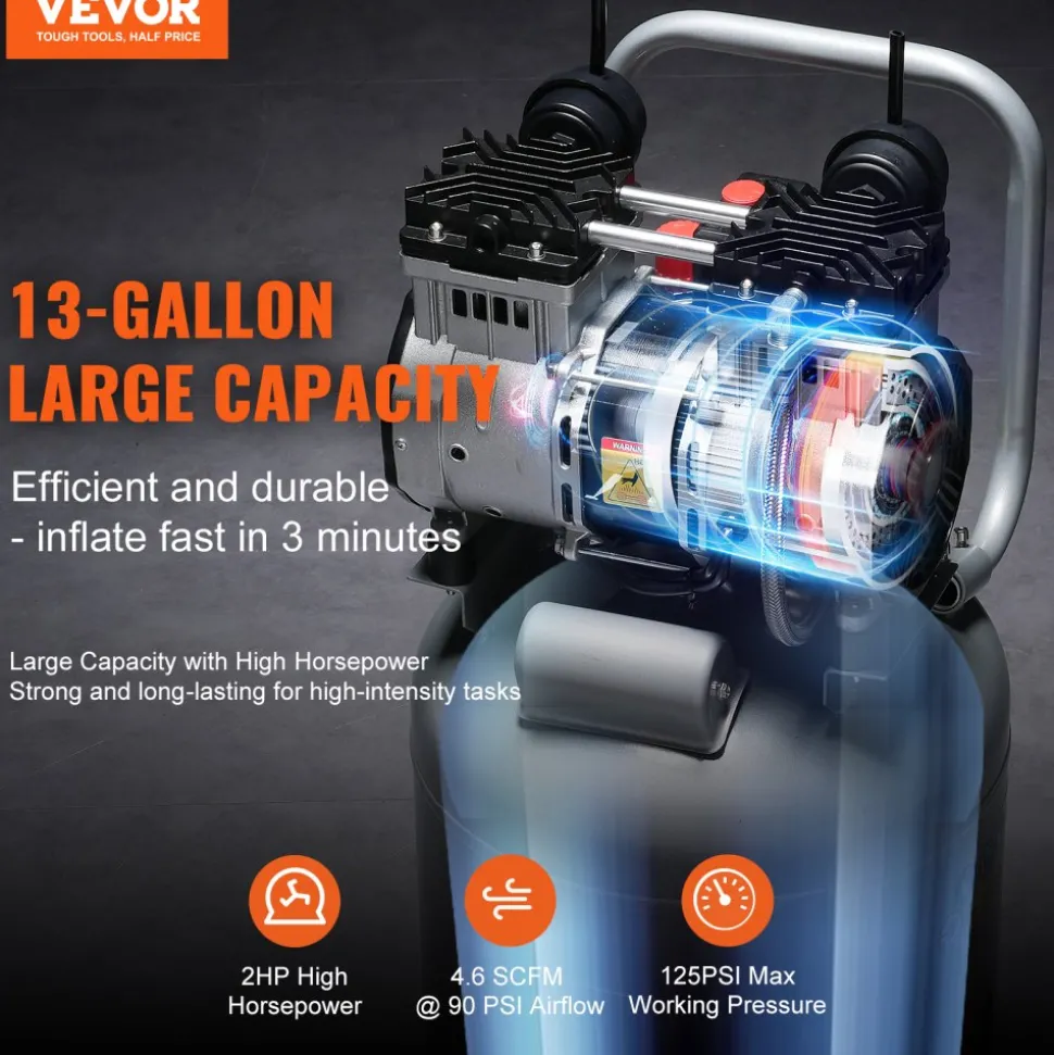 VEVOR 13 Gallon Air Compressor, 2HP 4.6 SCFM@90PSI Oil Free Air Compressor Tank, 66dB Ultra-Quiet Compressor for Tire Inflation, Auto Repair, Woodwork Nailing, Spray Painting (125PSI Max Pressure)