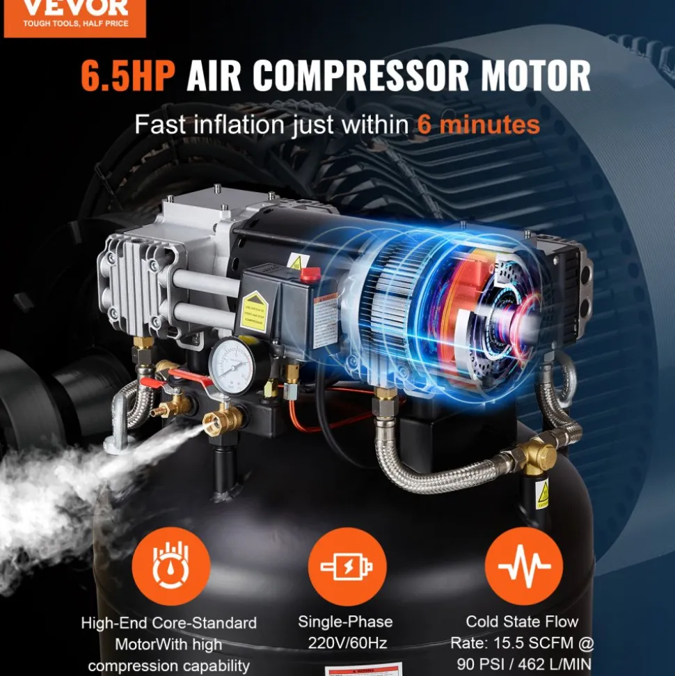 VEVOR 80 Gallon Air Compressor, 6.5HP 15.5SCFM@90 PSI, 145PSI Oil Free Stationary Air Compressor Tank, 86dB Ultra Quiet Compressor for Industrial Manufacturing, Construction Sites, Auto Repair