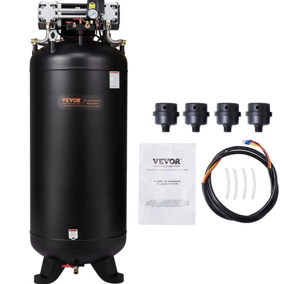 VEVOR 80 Gallon Air Compressor, 6.5HP 15.5SCFM@90 PSI, 145PSI Oil Free Stationary Air Compressor Tank, 86dB Ultra Quiet Compressor for Industrial Manufacturing, Construction Sites, Auto Repair