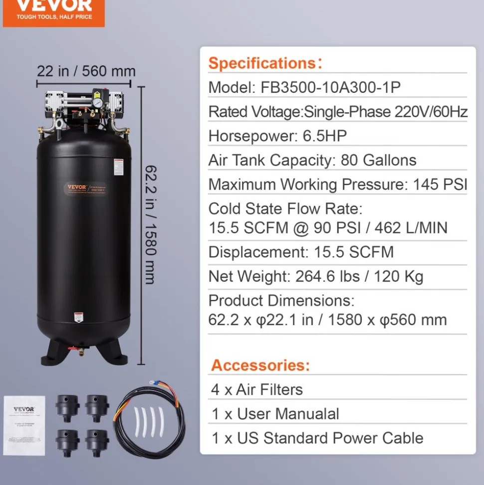 VEVOR 80 Gallon Air Compressor, 6.5HP 15.5SCFM@90 PSI, 145PSI Oil Free Stationary Air Compressor Tank, 86dB Ultra Quiet Compressor for Industrial Manufacturing, Construction Sites, Auto Repair