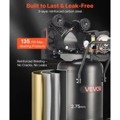 VEVOR 20-Gallon Air Compressor, 2HP 6.5SCFM at 90PSI, Max 135PSI Pressure Oil-Lubricated Air Compressor Tank, Portable on Wheels for Auto Repair, Tire Inflation, Spray Painting, Woodwork Nailing, 120V