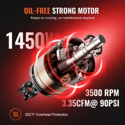 VEVOR 6.3 Gallon Air Compressor, 2 HP 3.35 CFM@90PSI Air Compressors with Max. 116PSI Pressure, Oil Free Compressor Tank for Auto Repair, Tire Inflation, Spray Painting, Woodwork Nailing