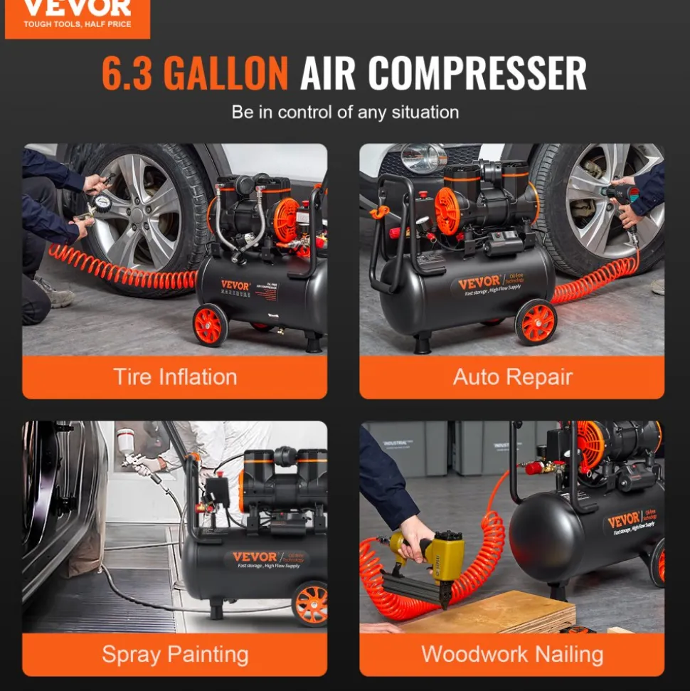 VEVOR 6.3 Gallon Air Compressor, 2 HP 3.35 CFM@90PSI Air Compressors with Max. 116PSI Pressure, Oil Free Compressor Tank for Auto Repair, Tire Inflation, Spray Painting, Woodwork Nailing