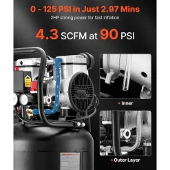 VEVOR 14-Gallon Air Compressor, 2HP 4.3 SCFM at 90PSI, Max 125PSI Pressure Oil-Free Air Compressor Tank, Portable on Wheels for Auto Repair, Tire Inflation, Spray Painting, Woodwork Nailing, 120V
