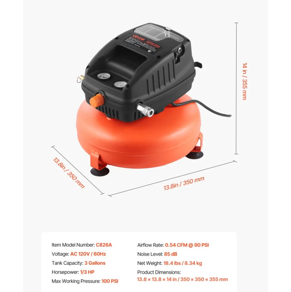 VEVOR 3 Gallon Air Compressor, 1/3HP 0.54CFM @ 90PSI Portable Pancake Air Compressor & 100PSI Max Working Pressure, Oil-Free Compressor Tank for Tire Inflation, Spray Painting, Woodwork Nailing, 120V