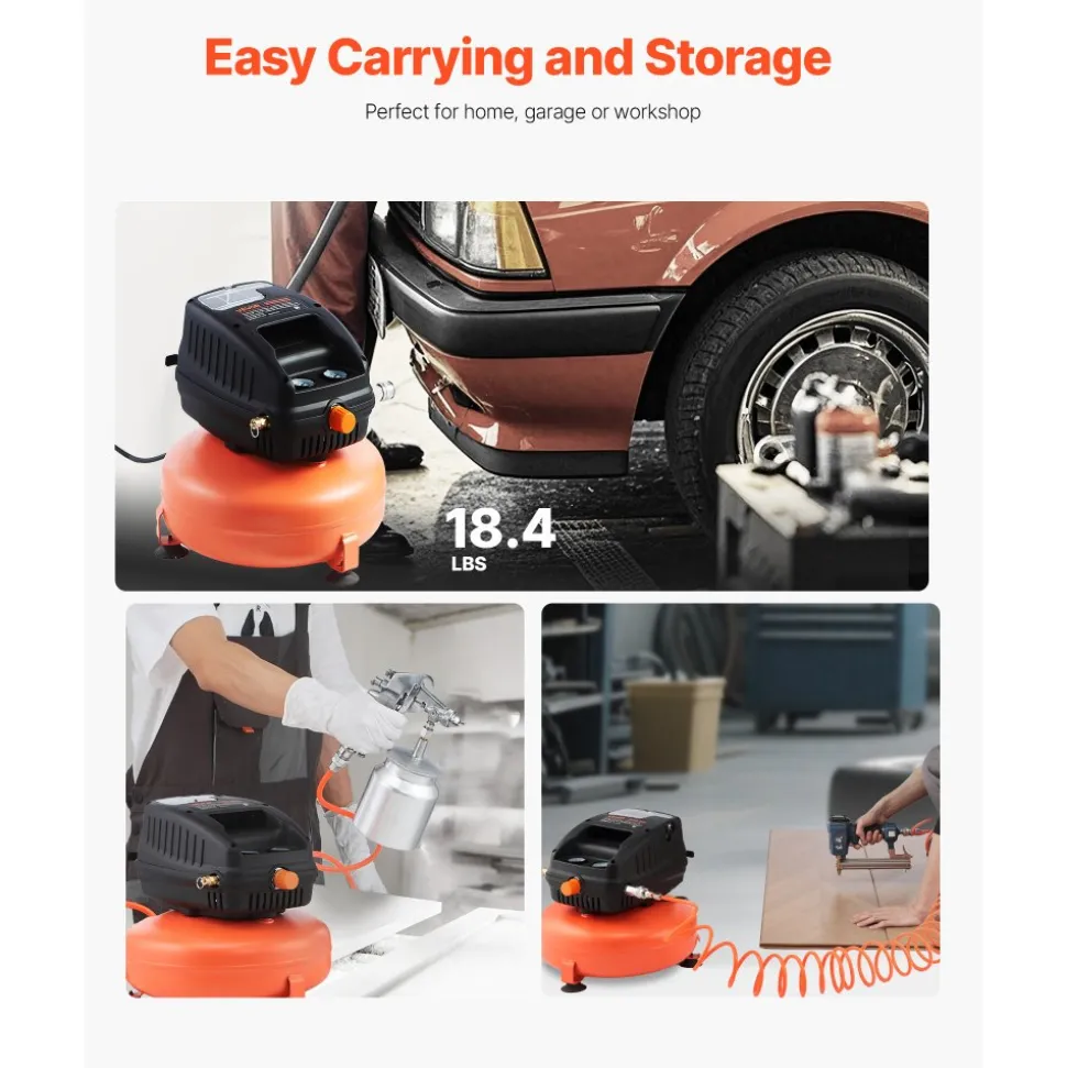 VEVOR 3 Gallon Air Compressor, 1/3HP 0.54CFM @ 90PSI Portable Pancake Air Compressor & 100PSI Max Working Pressure, Oil-Free Compressor Tank for Tire Inflation, Spray Painting, Woodwork Nailing, 120V