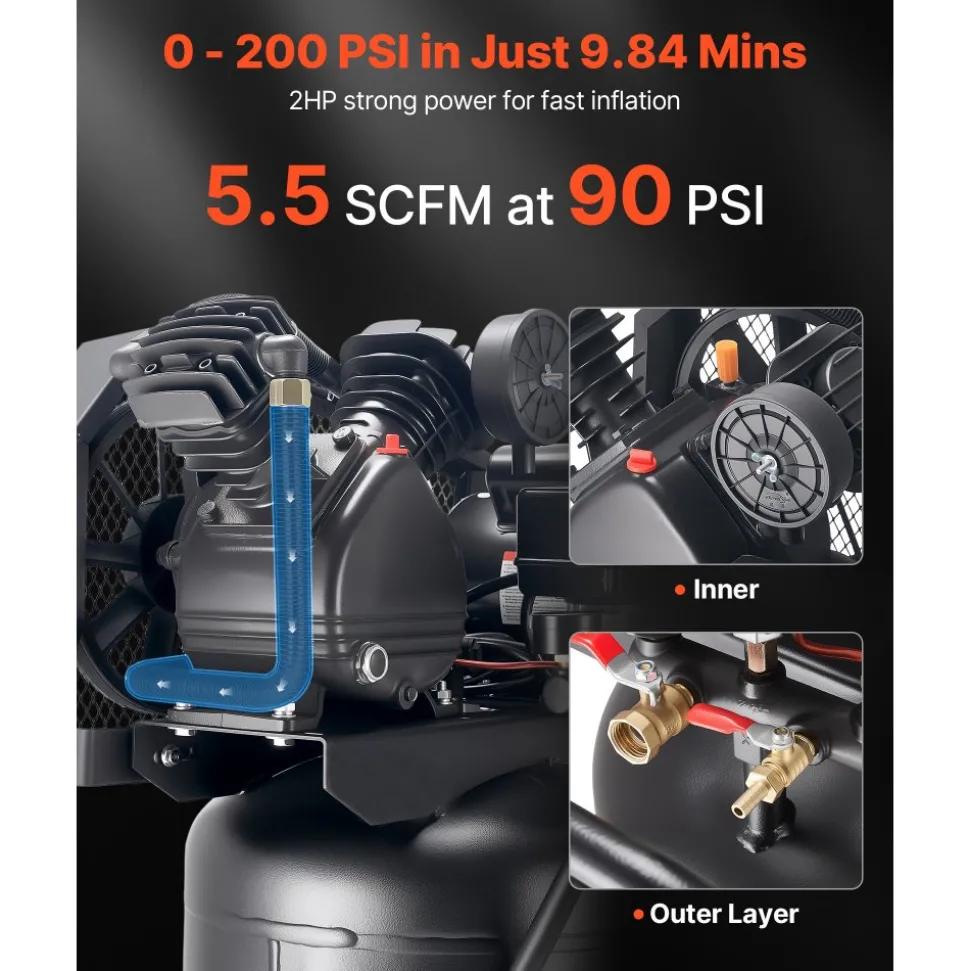 VEVOR 25-Gallon Air Compressor, 2HP 5.5 SCFM at 90PSI, Max 200PSI Pressure Oil-Lubricated Air Compressor Tank, Portable on Wheels for Auto Repair, Tire Inflation, Spray Painting, Woodwork Nailing, 120V