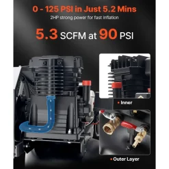 VEVOR 30-Gallon Air Compressor, 2HP 5.3SCFM at 90PSI, Max 125PSI Pressure Oil-Lubricated Air Compressor Tank, Portable on Wheels for Auto Repair, Tire Inflation, Spray Painting, Woodwork Nailing, 120V