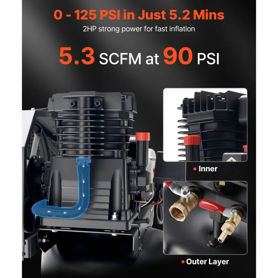 VEVOR 30-Gallon Air Compressor, 2HP 5.3SCFM at 90PSI, Max 125PSI Pressure Oil-Lubricated Air Compressor Tank, Portable on Wheels for Auto Repair, Tire Inflation, Spray Painting, Woodwork Nailing, 120V
