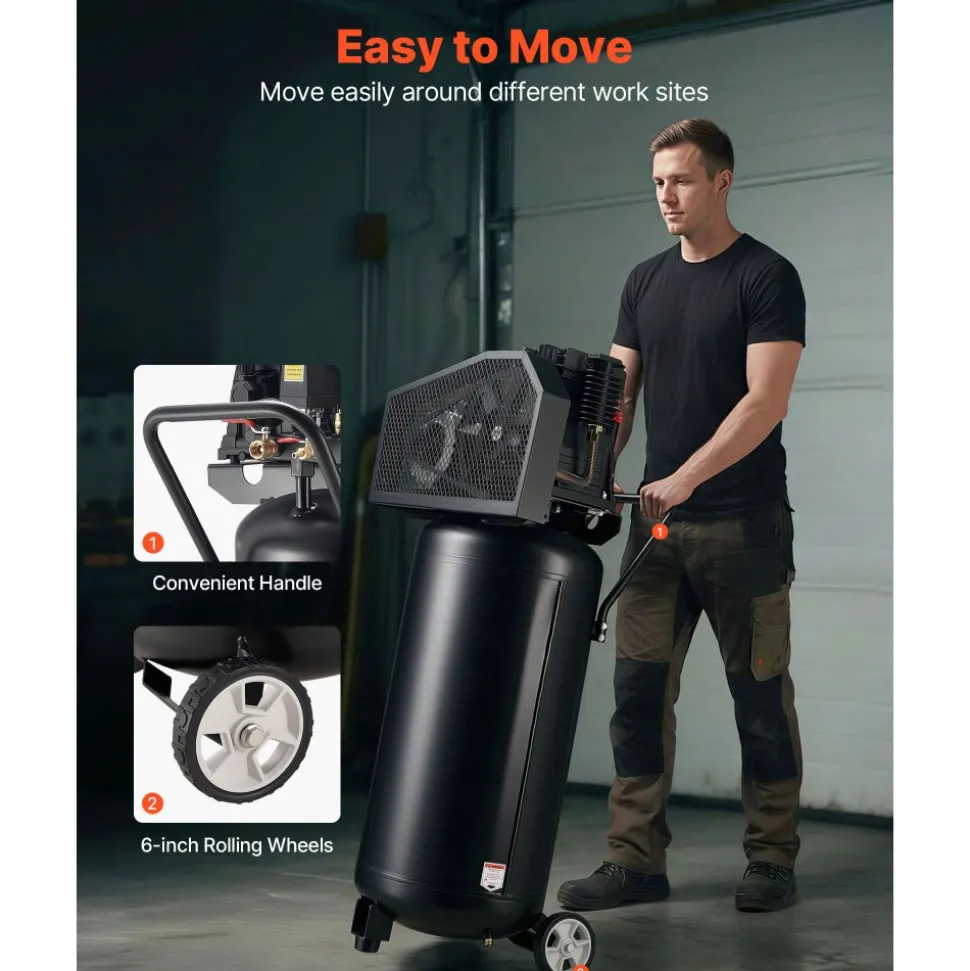 VEVOR 30-Gallon Air Compressor, 2HP 5.3SCFM at 90PSI, Max 125PSI Pressure Oil-Lubricated Air Compressor Tank, Portable on Wheels for Auto Repair, Tire Inflation, Spray Painting, Woodwork Nailing, 120V