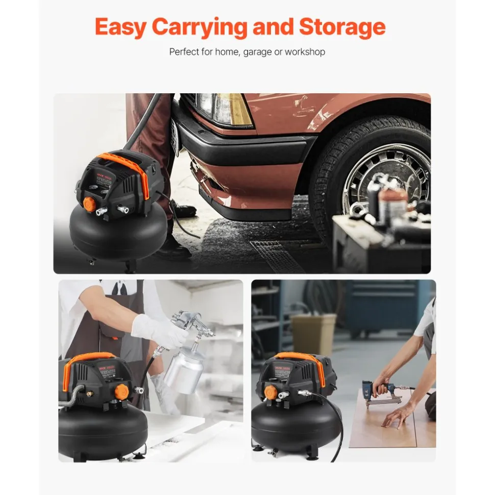VEVOR 6 Gallon Air Compressor, 1.7HP 2.3CFM @ 90PSI Portable Pancake Air Compressor & 150PSI Max Working Pressure, Oil-Free Compressor Tank for Tire Inflation, Spray Painting, Woodwork Nailing, 120V