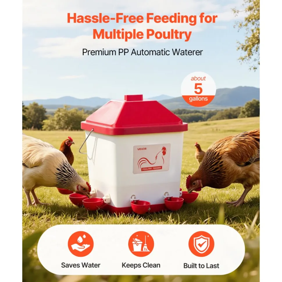 VEVOR 5 Gallon Automatic Chicken Waterer, 6 Water Ports, Automatic-Fill Water Cup, Automatic Gravity Waterer with Handle & Sealed Rubber Ring, Waterproof PP Material, No Waste Design, for Chicken
