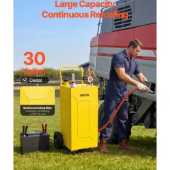 VEVOR 30 Gallon Diesel Caddy, Carbon Steel, Portable Diesel Transfer Storage Tank with Electric Pump, 4 Rolling Wheels, Transfer Can Container, for Tractors, Forklifts, Loaders, Farm Equipment, Yellow