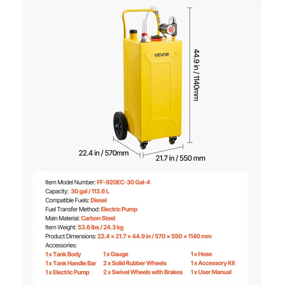 VEVOR 30 Gallon Diesel Caddy, Carbon Steel, Portable Diesel Transfer Storage Tank with Electric Pump, 4 Rolling Wheels, Transfer Can Container, for Tractors, Forklifts, Loaders, Farm Equipment, Yellow