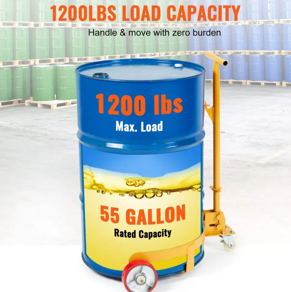 VEVOR 55 Gallon Drum Dolly, 1200 lbs Load Capacity, Barrel Dolly Cart Drum Caddy Round Dolly Steel Low Profile, Heavy Duty Steel Frame with Adjustable Handle 3 Wheels, for Workshop Factory Warehouse