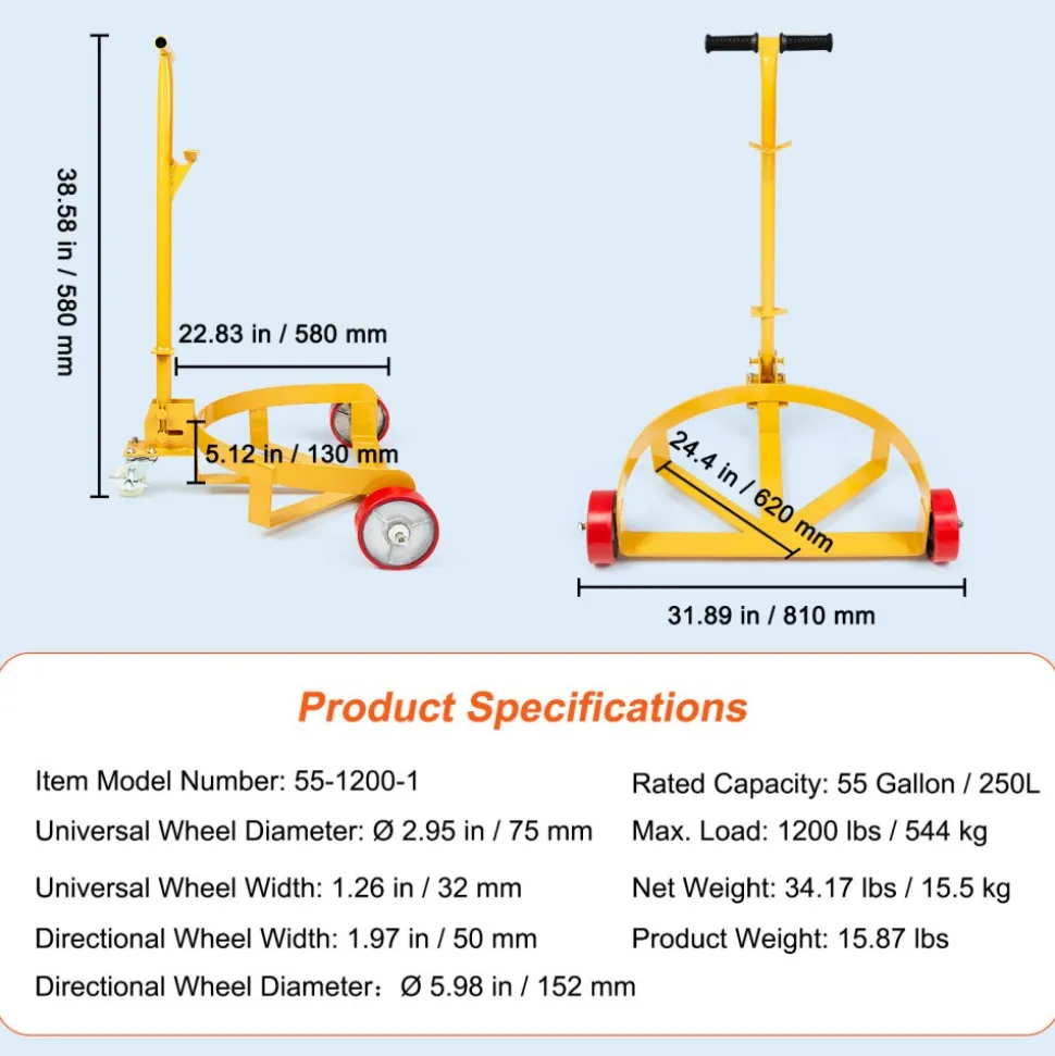 VEVOR 55 Gallon Drum Dolly, 1200 lbs Load Capacity, Barrel Dolly Cart Drum Caddy Round Dolly Steel Low Profile, Heavy Duty Steel Frame with Adjustable Handle 3 Wheels, for Workshop Factory Warehouse