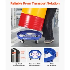 VEVOR 55 Gallon Drum Dolly, 2000 lbs Load Capacity, Heavy-Duty Barrel Dolly with Cross Braces and 4 Swivel Caster Wheels, Non Tipping Hand Truck Capacity Dollies for Warehouse Drum Handling, Blue