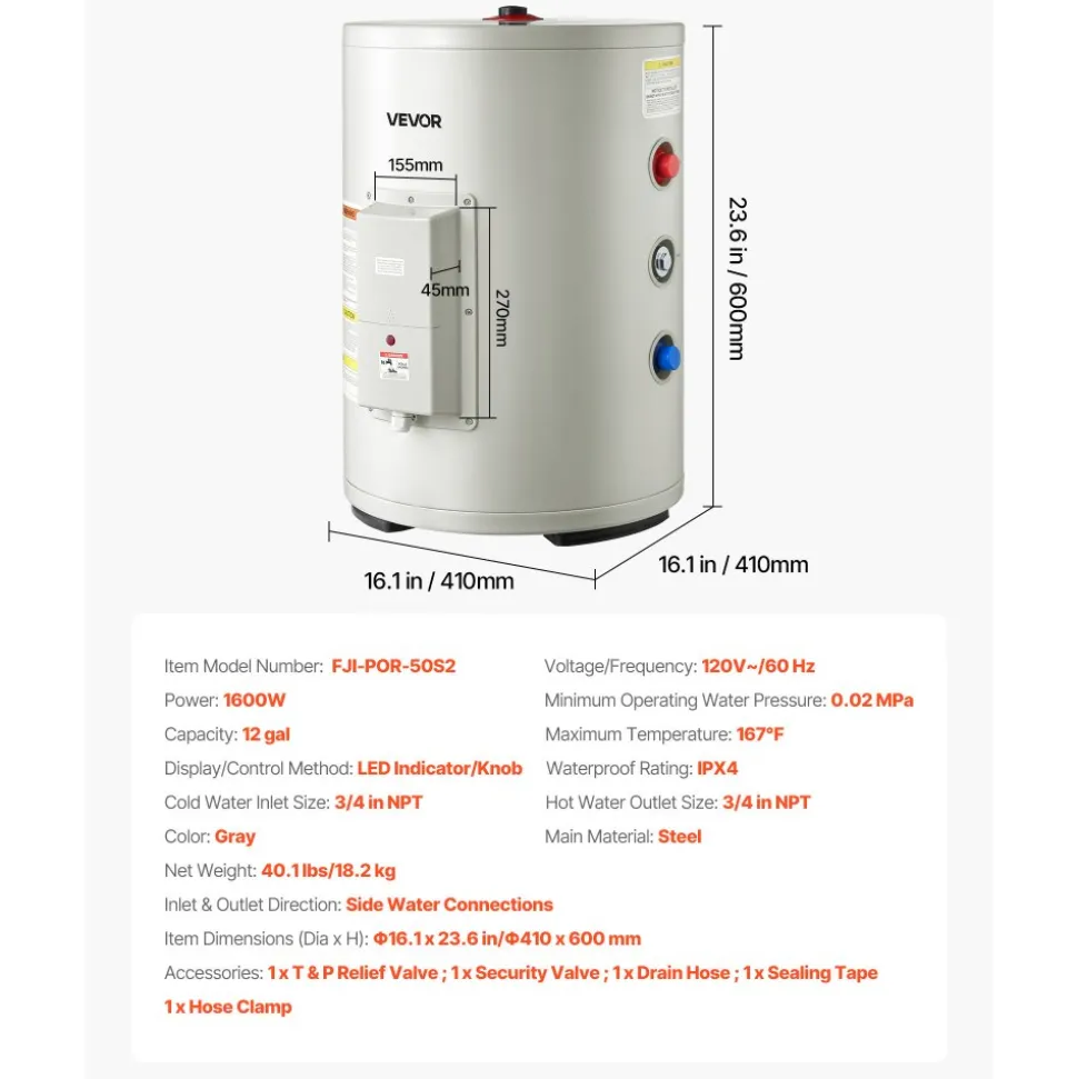 VEVOR 12 Gallon Electric Tank Water Heater, 1600W Point-of-Use Hot Water Heater with LED Display, Knob Control, Side Outlet, 120V Storage Design with T&P Valve for Small Apartments & Studios, Gray