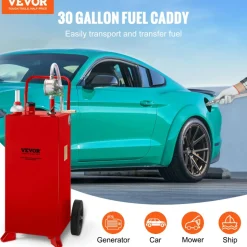 VEVOR 30 Gallon Fuel Caddy, Fuel Storage Tank on 2 Wheels, Portable Gas Caddy with Manuel Transfer Pump, Gasoline Diesel Fuel Container for Cars, Lawn Mowers, ATVs, Boats, More, Red