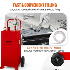 VEVOR 30 Gallon Fuel Caddy, Fuel Storage Tank on 2 Wheels, Portable Gas Caddy with Manuel Transfer Pump, Gasoline Diesel Fuel Container for Cars, Lawn Mowers, ATVs, Boats, More, Red