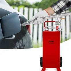 VEVOR 30 Gallon Fuel Caddy, Fuel Storage Tank on 2 Wheels, Portable Gas Caddy with Manuel Transfer Pump, Gasoline Diesel Fuel Container for Cars, Lawn Mowers, ATVs, Boats, More, Red
