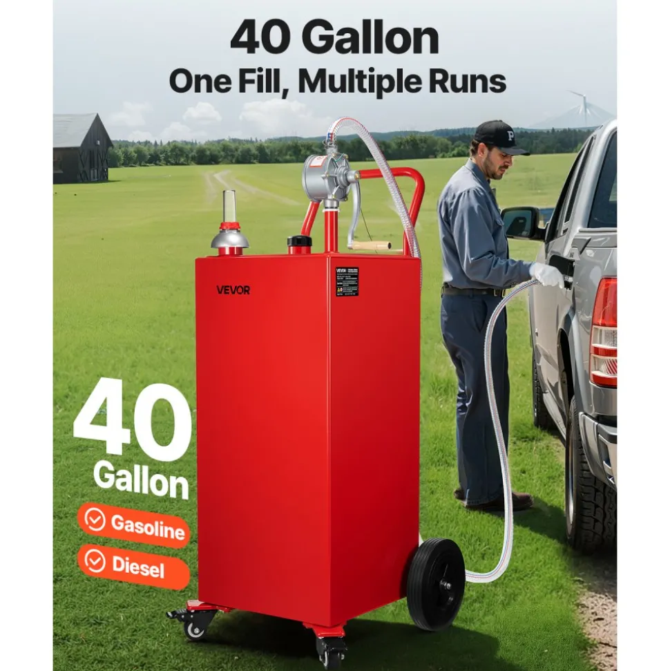 VEVOR 40 Gallon Fuel Caddy, Gasoline & Diesel Fuel Tank with Manual Transfer Pump, Portable Fuel Storage Tank with 4 Wheels & 10 ft Hose, Gas Caddy for Cars, Lawn Mowers, ATVs, Boats, More, Red
