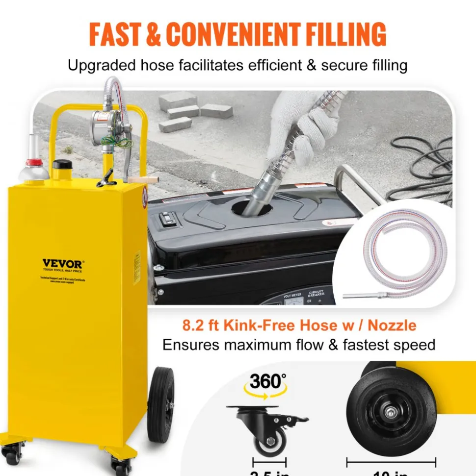 VEVOR 30 Gallon Fuel Caddy, Gas Storage Tank & 4 Wheels, with Manuel Transfer Pump, Gasoline Diesel Fuel Container for Cars, Lawn Mowers, ATVs, Boats, More, Yellow