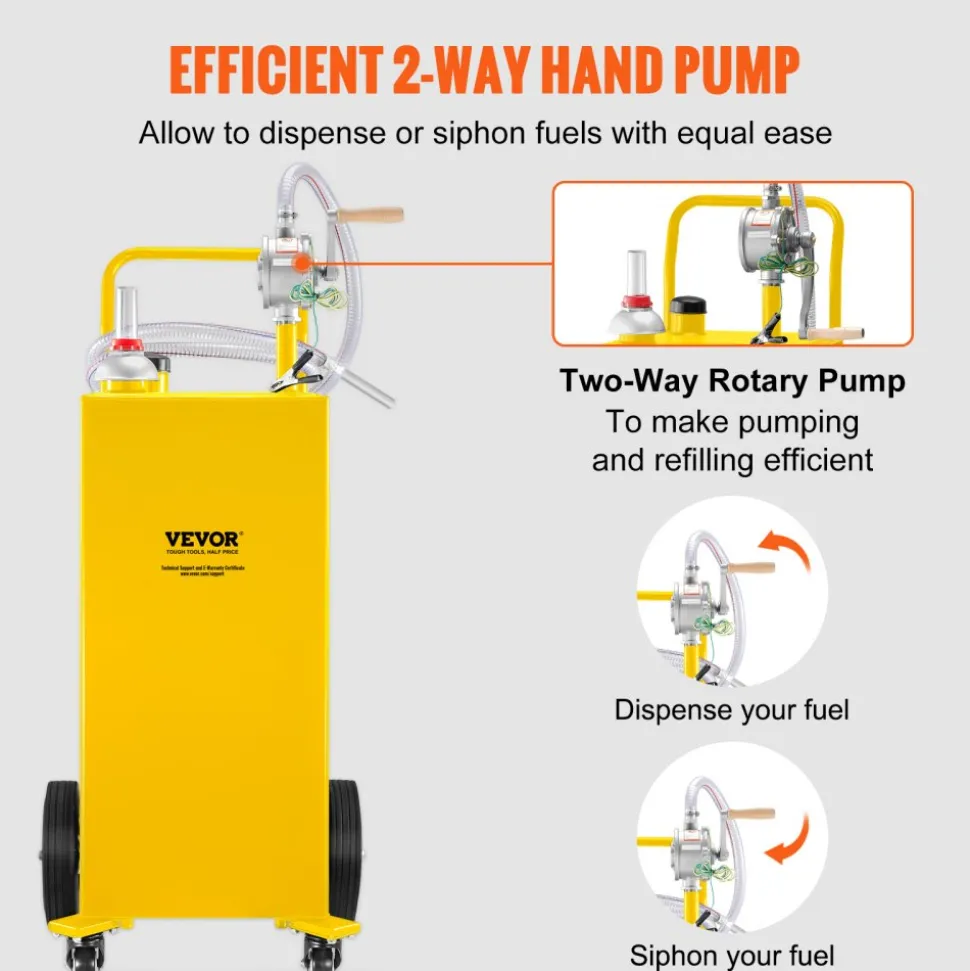 VEVOR 30 Gallon Fuel Caddy, Gas Storage Tank & 4 Wheels, with Manuel Transfer Pump, Gasoline Diesel Fuel Container for Cars, Lawn Mowers, ATVs, Boats, More, Yellow