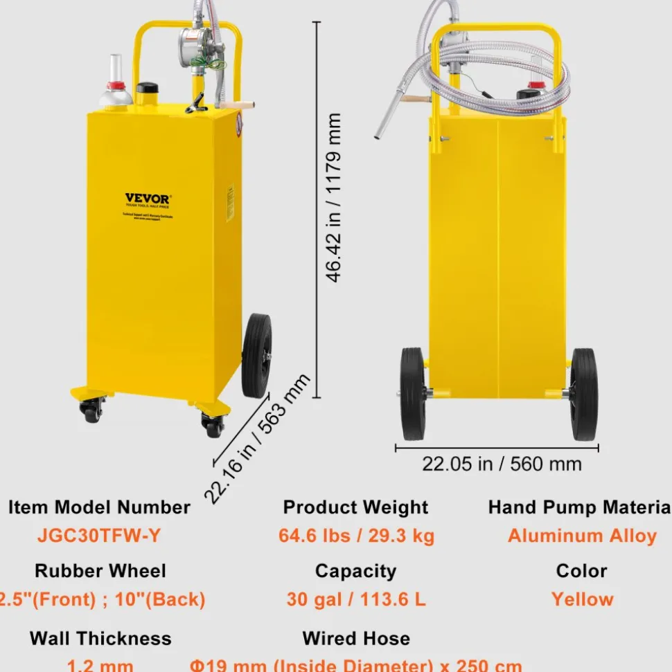 VEVOR 30 Gallon Fuel Caddy, Gas Storage Tank & 4 Wheels, with Manuel Transfer Pump, Gasoline Diesel Fuel Container for Cars, Lawn Mowers, ATVs, Boats, More, Yellow