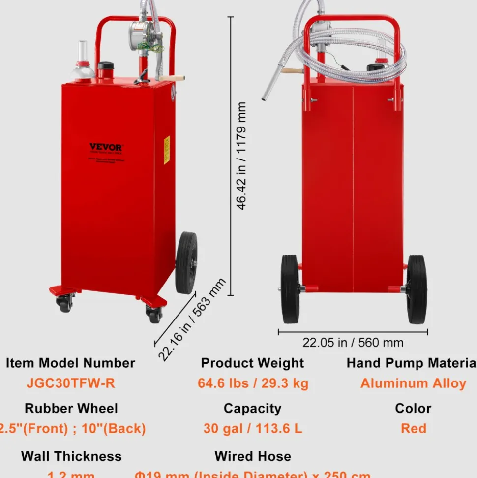 VEVOR 30 Gallon Fuel Caddy, Gas Storage Tank & 4 Wheels, with Manuel Transfer Pump, Gasoline Diesel Fuel Container for Cars, Lawn Mowers, ATVs, Boats, More, Red