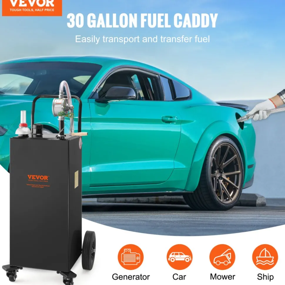 VEVOR 30 Gallon Fuel Caddy, Gas Storage Tank & 4 Wheels, with Manuel Transfer Pump, Gasoline Diesel Fuel Container for Cars, Lawn Mowers, ATVs, Boats, More, Black
