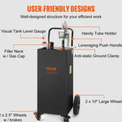 VEVOR 30 Gallon Fuel Caddy, Gas Storage Tank & 4 Wheels, with Manuel Transfer Pump, Gasoline Diesel Fuel Container for Cars, Lawn Mowers, ATVs, Boats, More, Black
