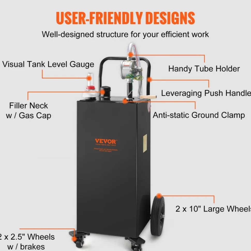 VEVOR 30 Gallon Fuel Caddy, Gas Storage Tank & 4 Wheels, with Manuel Transfer Pump, Gasoline Diesel Fuel Container for Cars, Lawn Mowers, ATVs, Boats, More, Black