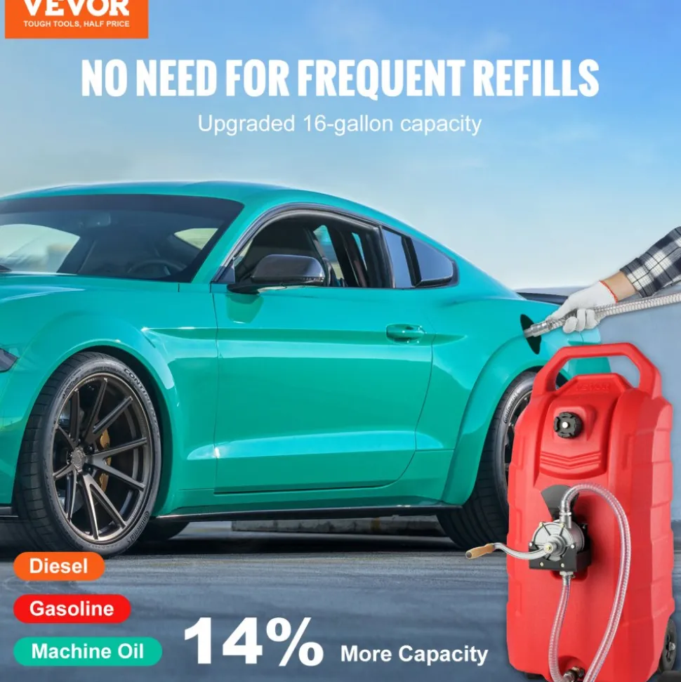 VEVOR 16 Gallon Fuel Caddy, 7.8 L/min, Portable Gas Storage Tank Container with Hand Pump Rubber Wheels, Fuel Transfer Storage Tank for Gasoline Diesel Machine Oil Car Mowers Tractor Boat Motorcycle