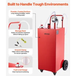 VEVOR 50 Gallon Fuel Gas Caddy, Carbon Steel, Portable Fuel Transfer Storage Tank with Manual Pump and 4 Wheels, Gasoline Diesel Can Container, for Cars, Lawn Mowers, ATVs, Boats, Motorcycles, Red