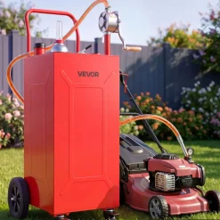 VEVOR 30 Gallon Fuel Gas Caddy, Carbon Steel, Portable Fuel Transfer Storage Tank with Manual Pump and 4 Wheels, Gasoline Diesel Can Container, for Cars, Lawn Mowers, ATVs, Boats, Motorcycles, Red