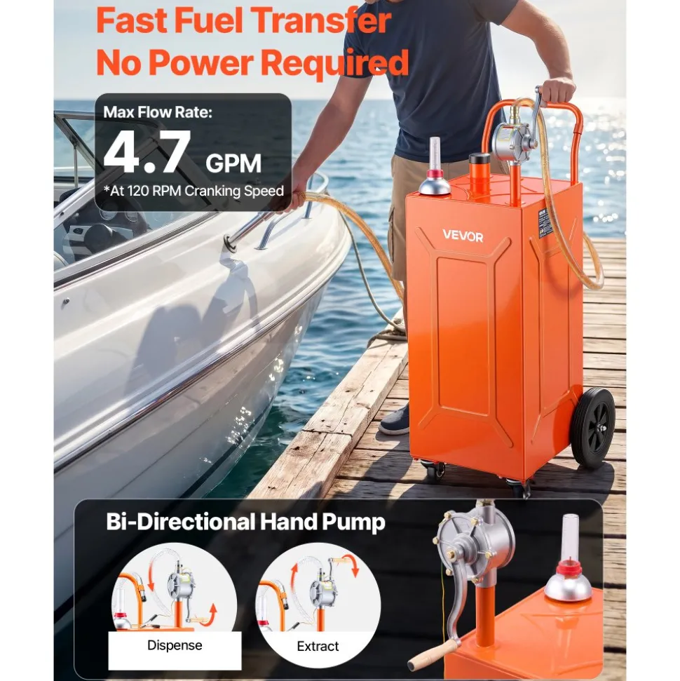 VEVOR 35 Gallon Fuel Gas Caddy, Carbon Steel, Portable Fuel Transfer Storage Tank with Manual Pump & 4 Wheels, Gasoline Diesel Can Container, for Cars, Lawn Mowers, ATVs, Boats, Motorcycles, Orange