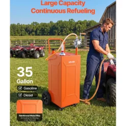 VEVOR 35 Gallon Fuel Gas Caddy, Carbon Steel, Portable Fuel Transfer Storage Tank with Manual Pump & 4 Wheels, Gasoline Diesel Can Container, for Cars, Lawn Mowers, ATVs, Boats, Motorcycles, Orange