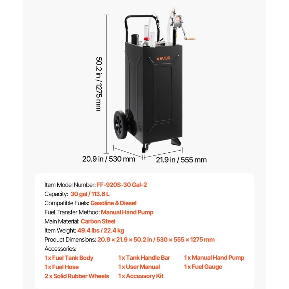 VEVOR 30 Gallon Fuel Gas Caddy, Carbon Steel, Portable Fuel Transfer Storage Tank with Manual Pump & 2 Wheels, Gasoline Diesel Can Container, for Cars, Lawn Mowers, ATVs, Boats, Motorcycles, Black