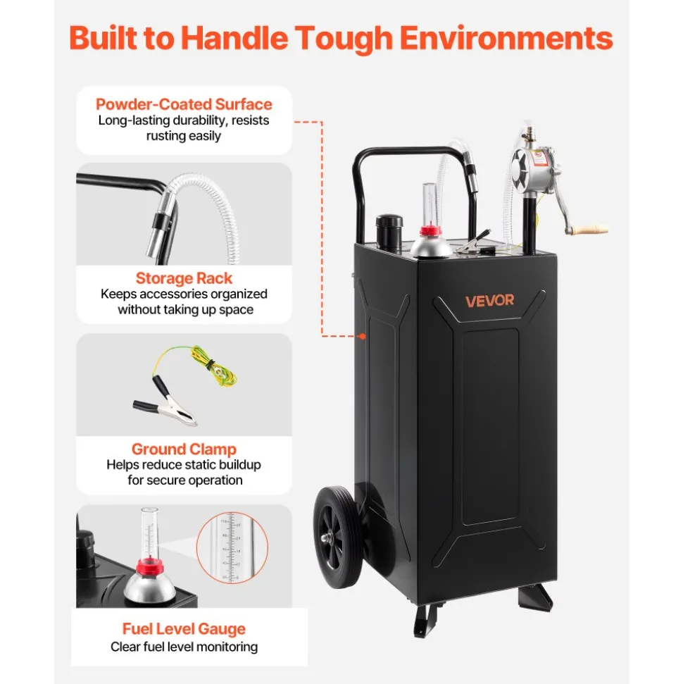 VEVOR 30 Gallon Fuel Gas Caddy, Carbon Steel, Portable Fuel Transfer Storage Tank with Manual Pump & 2 Wheels, Gasoline Diesel Can Container, for Cars, Lawn Mowers, ATVs, Boats, Motorcycles, Black