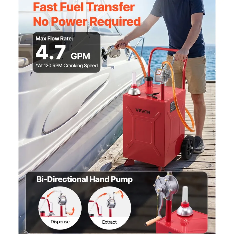 VEVOR 20 Gallon Fuel Gas Caddy, Carbon Steel, Portable Fuel Transfer Storage Tank with Manual Pump & Rolling Wheels, Gasoline Diesel Can Container, for Cars, Lawn Mowers, ATVs, Boats, Motorcycles, Red