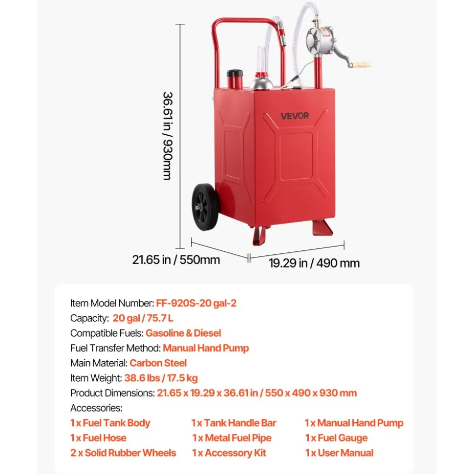 VEVOR 20 Gallon Fuel Gas Caddy, Carbon Steel, Portable Fuel Transfer Storage Tank with Manual Pump & Rolling Wheels, Gasoline Diesel Can Container, for Cars, Lawn Mowers, ATVs, Boats, Motorcycles, Red