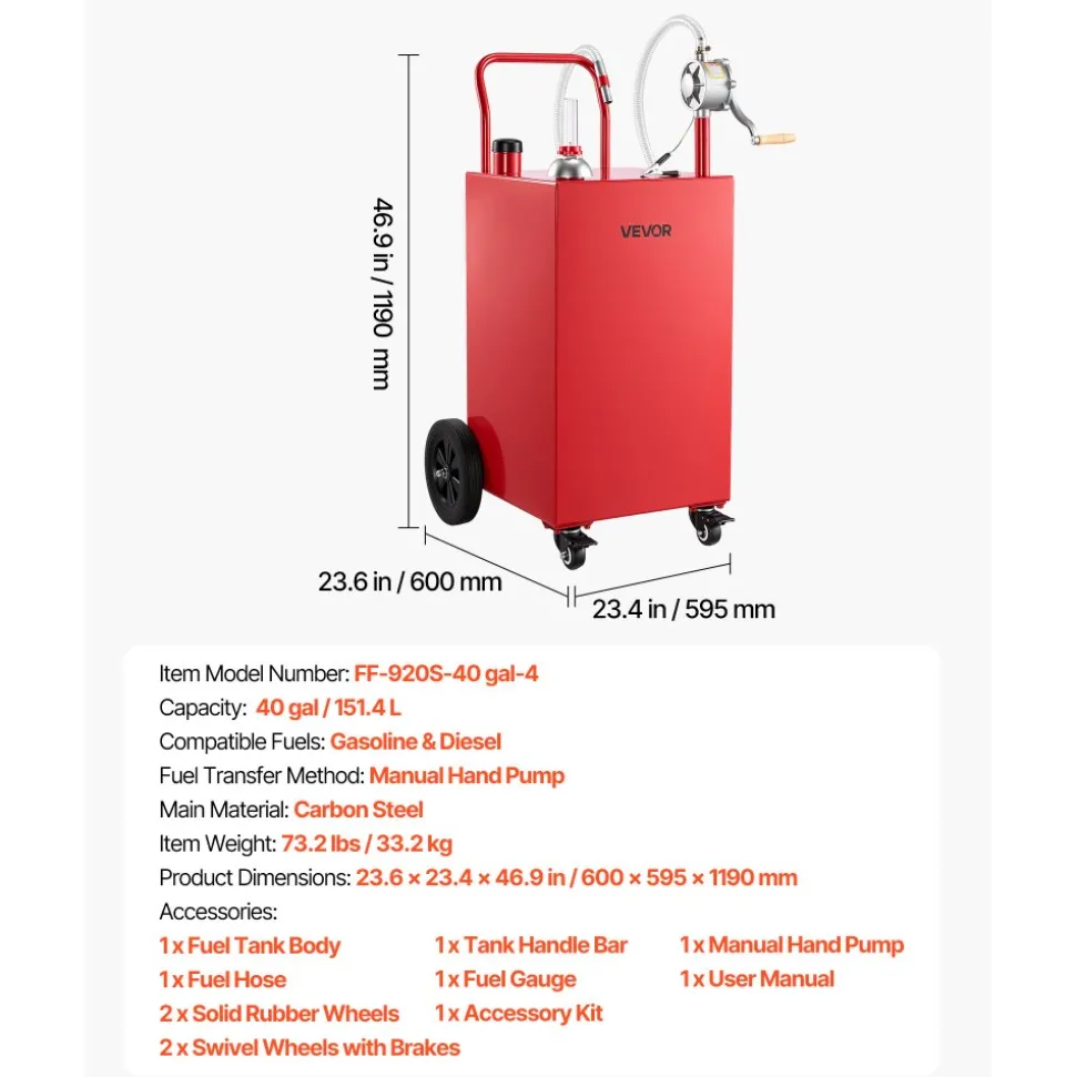 VEVOR 30 Gallon Fuel Gas Caddy, Carbon Steel, Portable Fuel Transfer Storage Tank with Manual Pump & 4 Wheels, Gasoline Diesel Can Container, for Cars, Lawn Mowers, ATVs, Boats, Motorcycles, Yellow