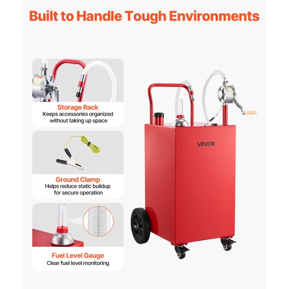VEVOR 30 Gallon Fuel Gas Caddy, Carbon Steel, Portable Fuel Transfer Storage Tank with Manual Pump & 4 Wheels, Gasoline Diesel Can Container, for Cars, Lawn Mowers, ATVs, Boats, Motorcycles, Yellow