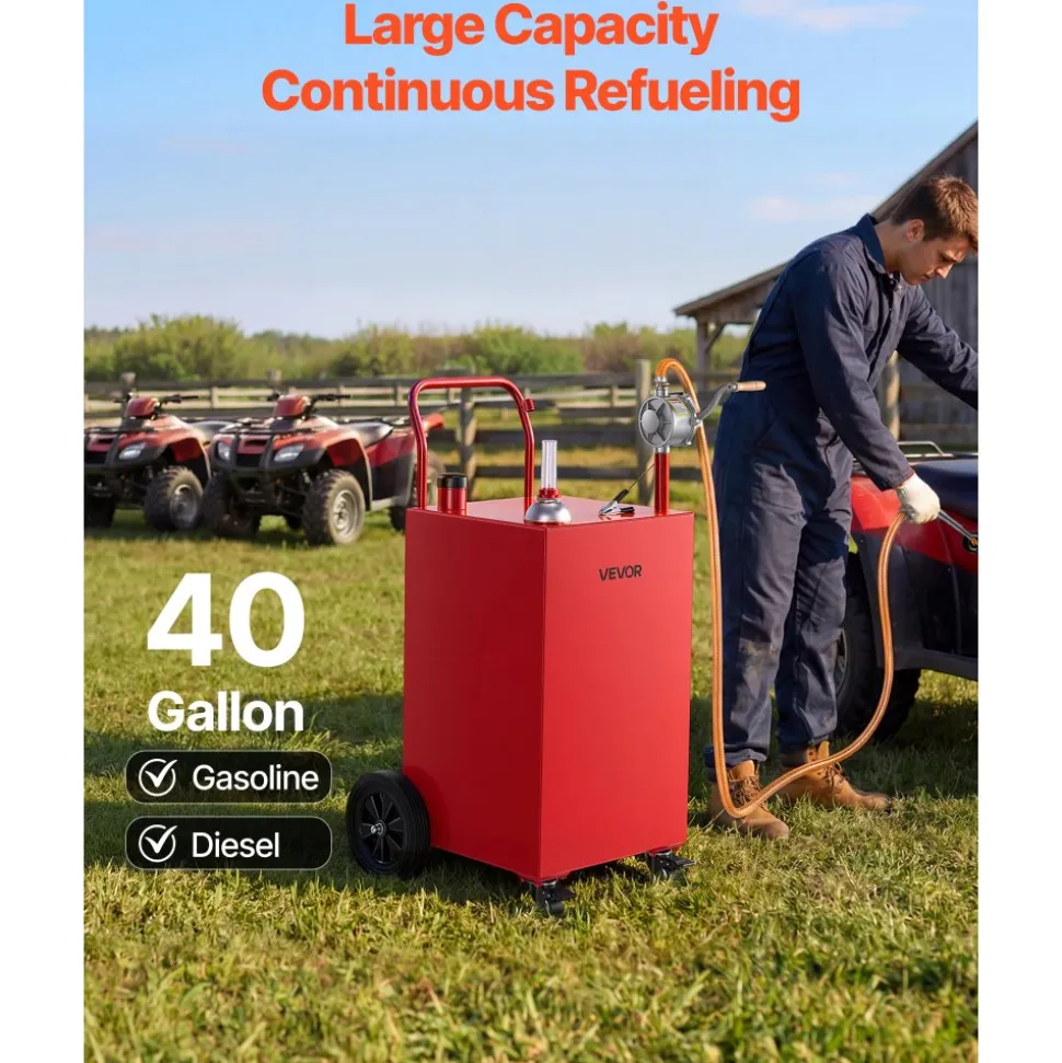 VEVOR 30 Gallon Fuel Gas Caddy, Carbon Steel, Portable Fuel Transfer Storage Tank with Manual Pump & 4 Wheels, Gasoline Diesel Can Container, for Cars, Lawn Mowers, ATVs, Boats, Motorcycles, Yellow