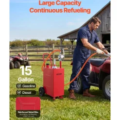 VEVOR 15 Gallon Fuel Gas Caddy, Carbon Steel, Portable Fuel Transfer Storage Tank with Manual Pump & Rolling Wheels, Gasoline Diesel Can Container, for Cars, Lawn Mowers, ATVs, Boats, Motorcycles, Red