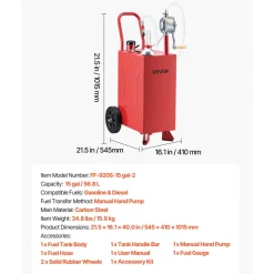 VEVOR 15 Gallon Fuel Gas Caddy, Carbon Steel, Portable Fuel Transfer Storage Tank with Manual Pump & Rolling Wheels, Gasoline Diesel Can Container, for Cars, Lawn Mowers, ATVs, Boats, Motorcycles, Red